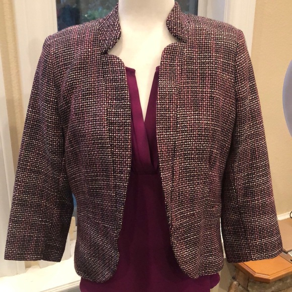 AQUA Black White Pink Tweed Cropped Jacket Open Front 3/4 sleeve Medium EUC - Picture 10 of 15